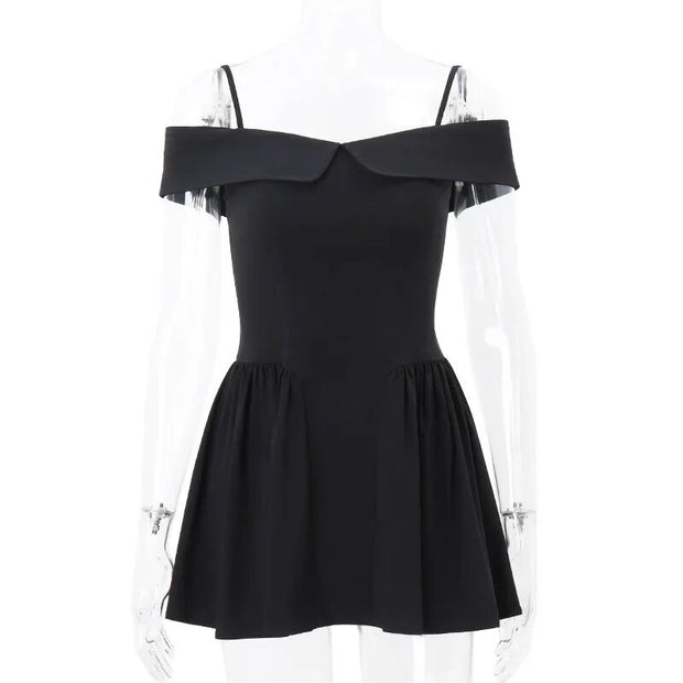 Women Sexy Black Off Shoulder Sling Mini Dress Elegant Sleeveless Pleated Slim Dresses Fashion Female Evenning Party Vestidos