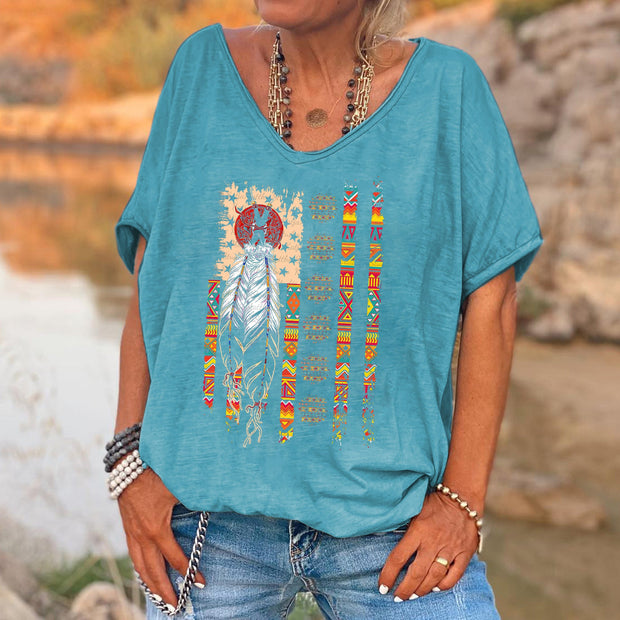 Vintage Ethnic Print V-neck Women's T-shirt