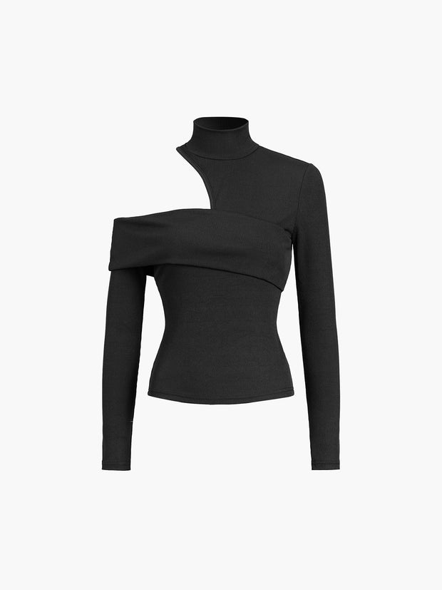 Mockneck Oblique Cutout Rib Long Sleeve Knit Top