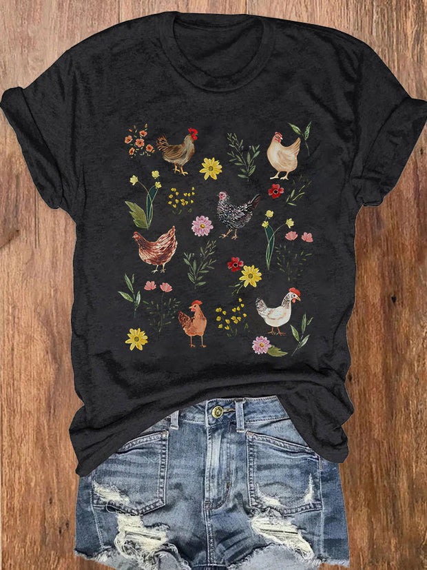 Wild Flower Chicken Printed Crew Neck T-shirt