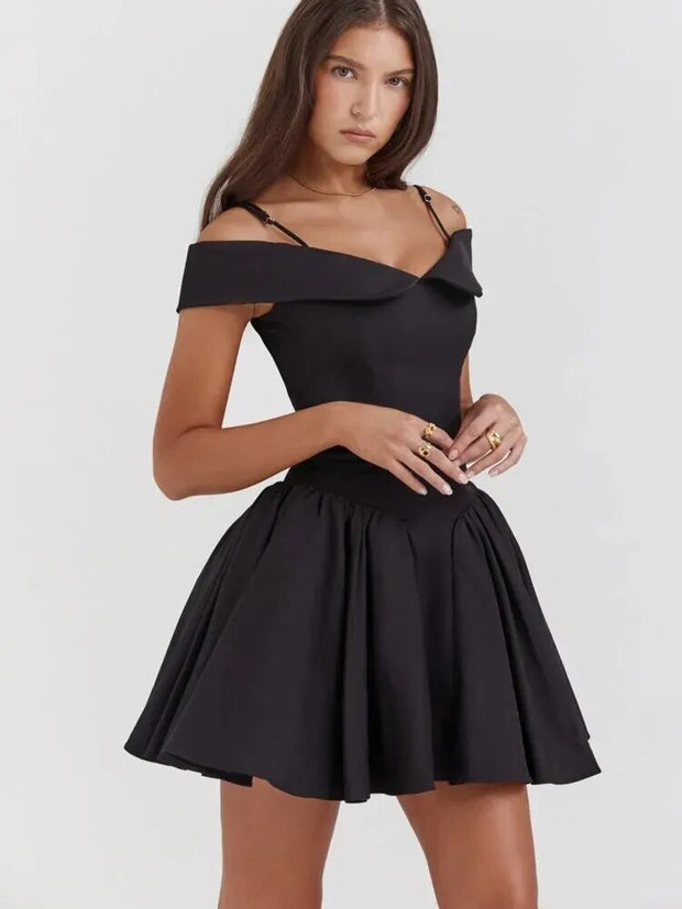 Women Sexy Black Off Shoulder Sling Mini Dress Elegant Sleeveless Pleated Slim Dresses Fashion Female Evenning Party Vestidos