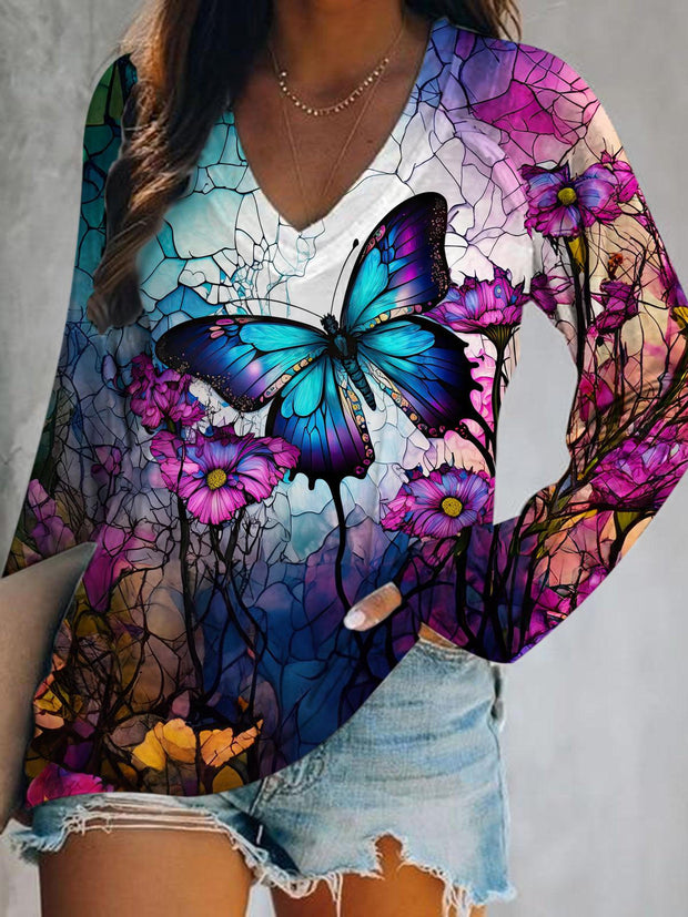 Women's Dragonfly Print V Neck Long Sleeve Top