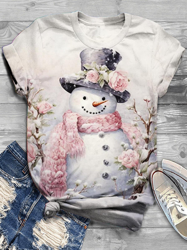 Pink Rose Floral Snowman Print Top