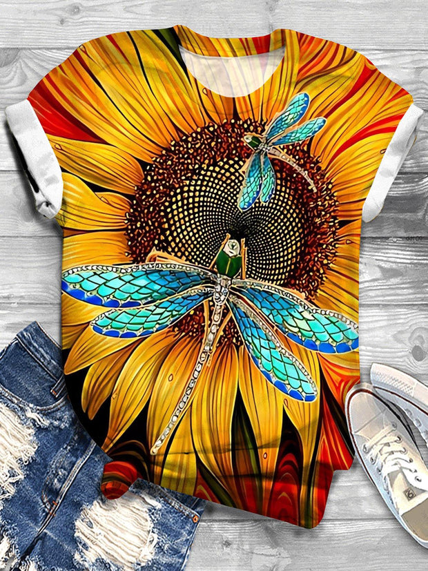 Sunflower Dragonfly Print Crew Neck T-shirt