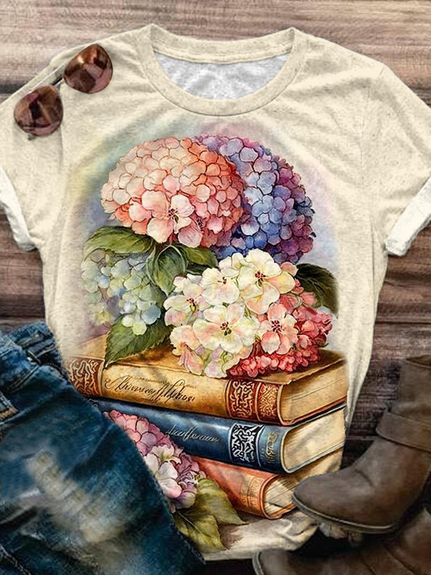 Vintage Hydrangea Print Crew Neck T-shirt