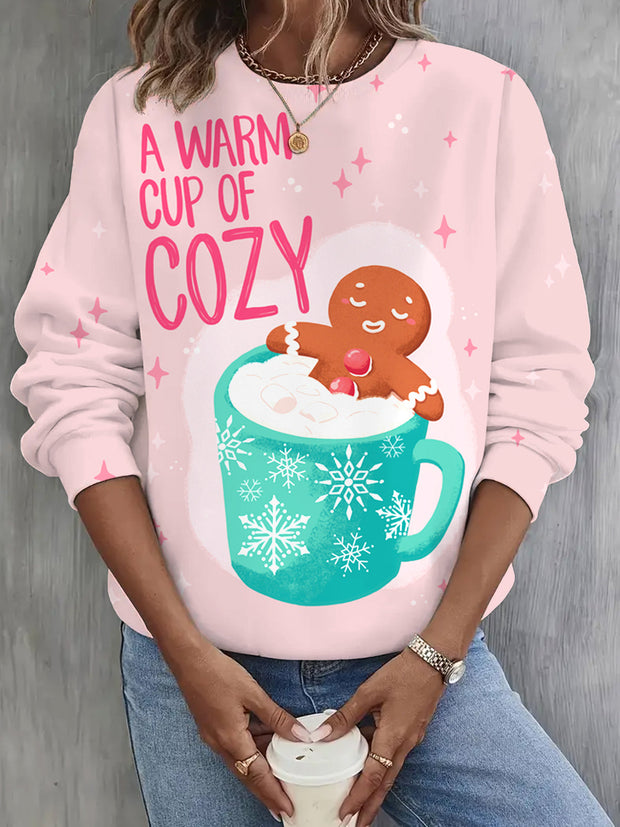 Christmas Gingerbread Print Long Sleeve Casual Top