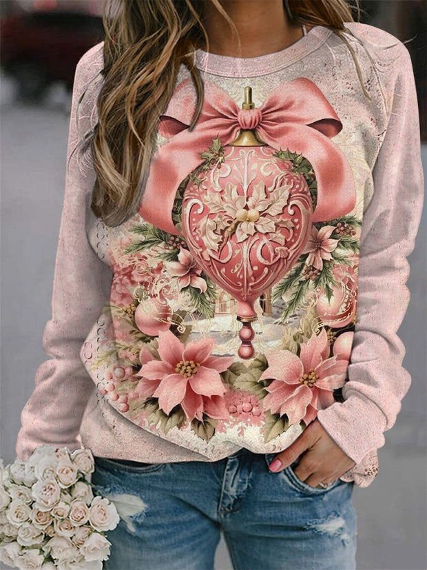 Women Chic Pink Christmas Raglan Long Sleeve Top