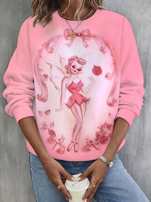 Rose Pretty Pink Fairy Print Long Sleeve Casual Top