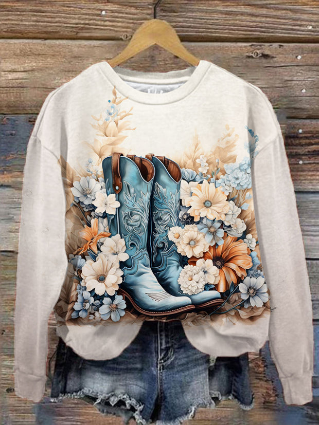 Cowgirl Boots Print Round Neck Long Sleeve Top