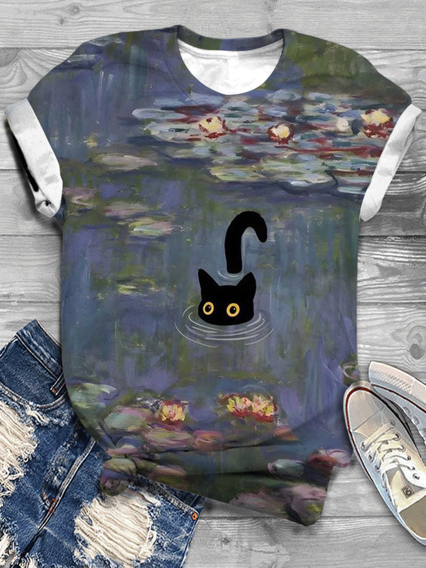 Black Cat in the Pond Print Crew Neck T-Shirt