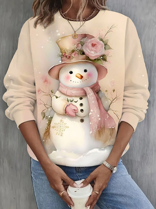 Snowman Flower Round Neck Long Sleeve Top