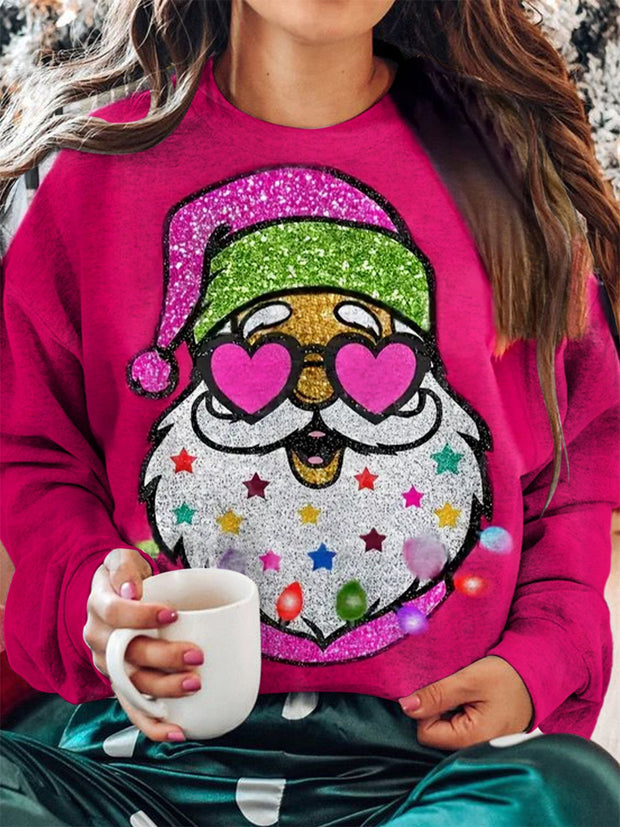 Santa with Sunglasses Cheerful Print Round Neck Long Sleeve Top