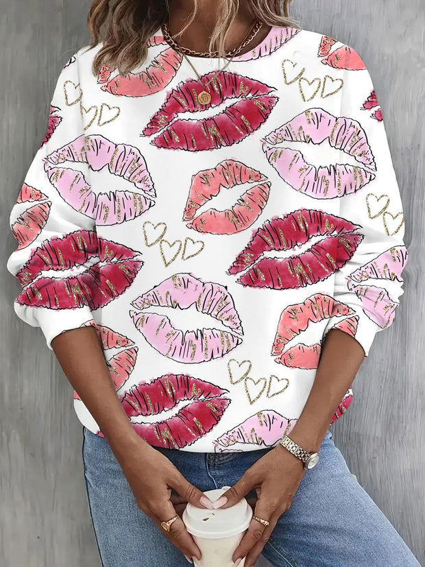 Women's Valentine's Day Lip Prints Long Sleeve Casual Top