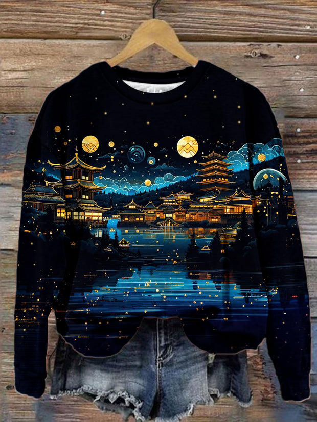 Women's Art Print Round Neck Long Sleeve Top