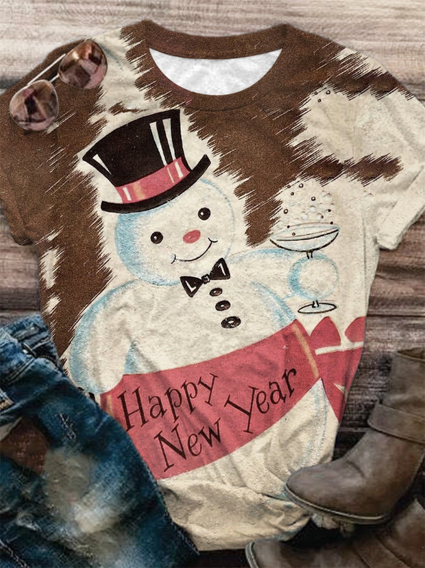 Happy New Year Snowman Retro Print Crew Neck T-Shirt