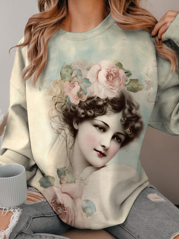 Women's Retro Portrait Print Round Neck Long Sleeve Top