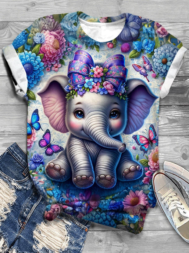 Flower Baby Elephant Crew Neck T-shirt