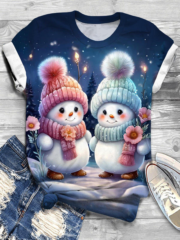 Winter Cute Snowman Print Crew Neck T-shirt