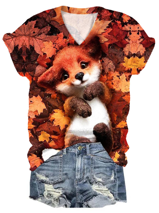 Cute Baby Fox Print Short Sleeve Top