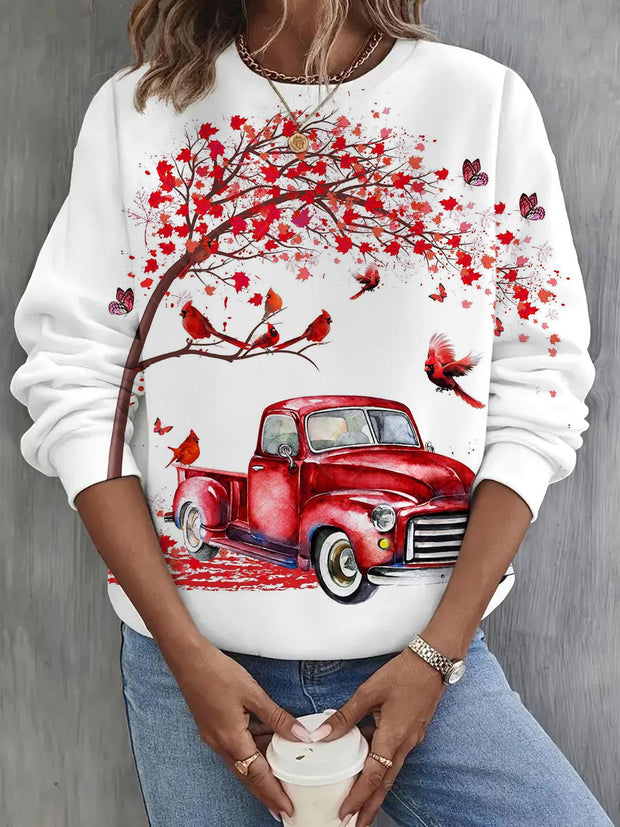 Red Bird Car Round Neck Long Sleeve Top