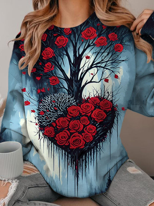 Women's Heart Rose Tree Print Round Neck Long Sleeve Top