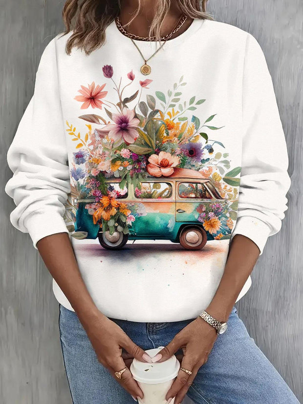 Boho Floral Hippie Van PrintLong Sleeve Casual Top