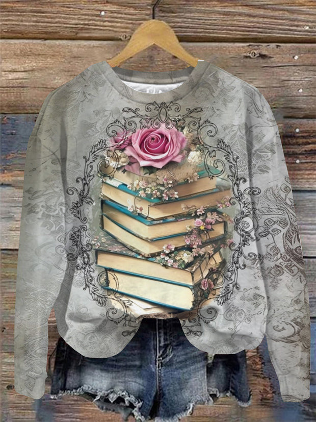 Women's Vintage Book Print Round Neck Long Sleeve Top