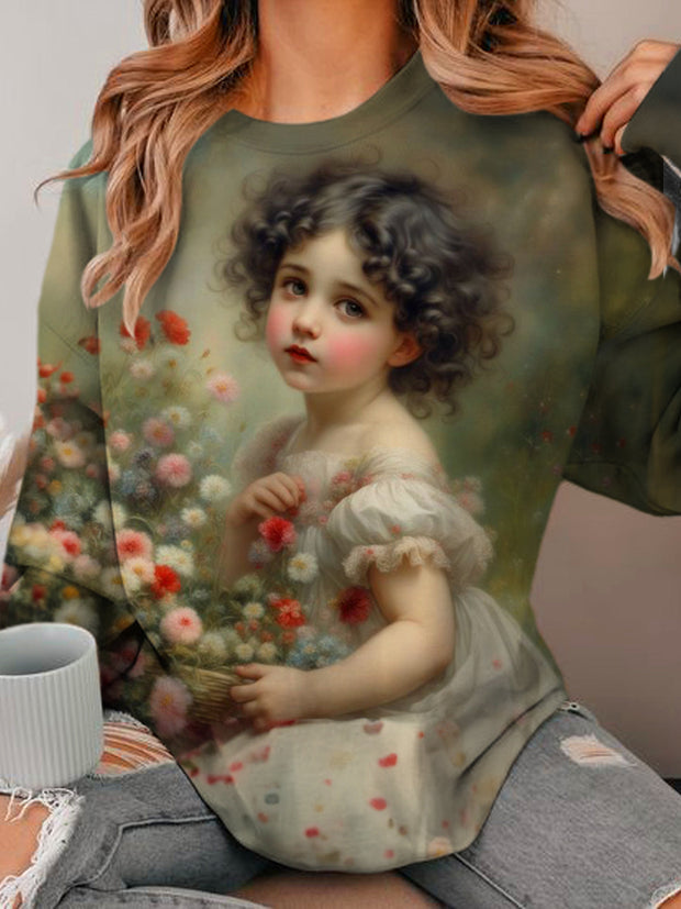 Flower Girl Painting Printed Long Sleeve Top