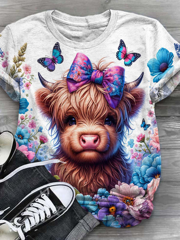 Highland Cow Floral Butterfly Print Crew Neck T-Shirt