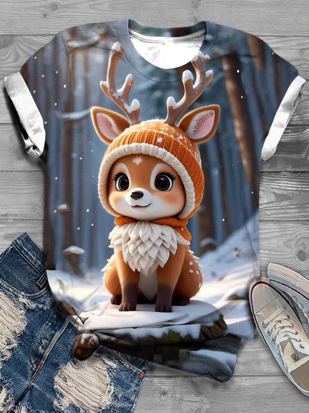 Winter Cute Deer Print Casual Round Neck T-Shirt