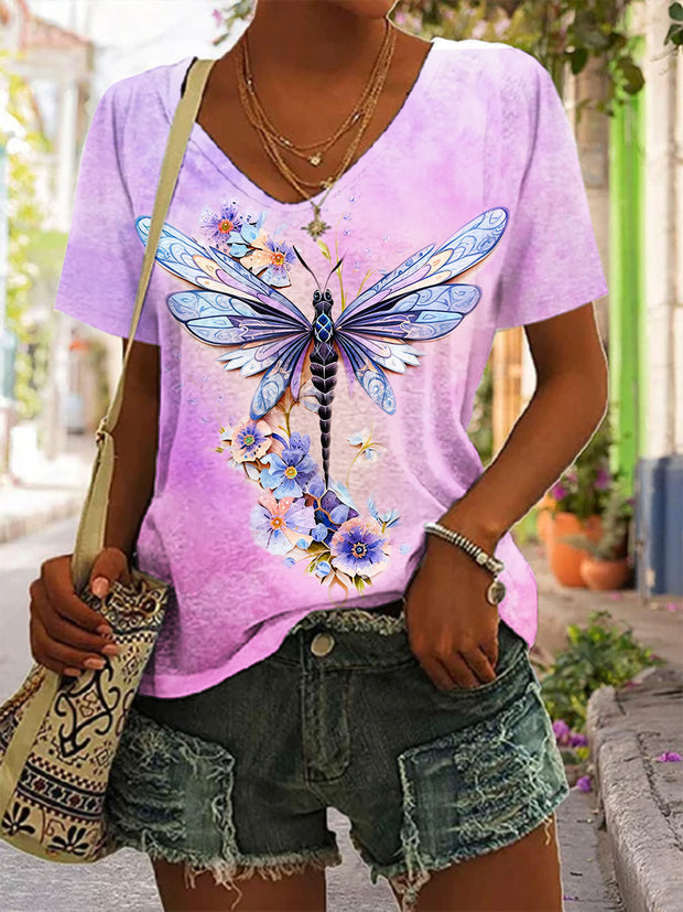 Women's Floral Dragonfly Print V-Neck Top