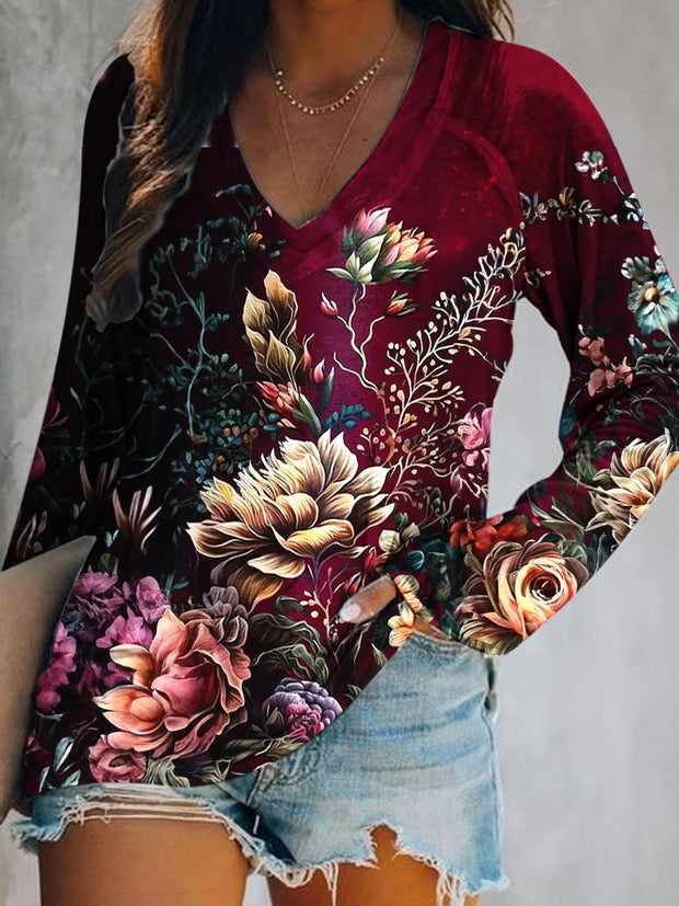 Women's Purple Floral Print Casual Long Sleeve Top