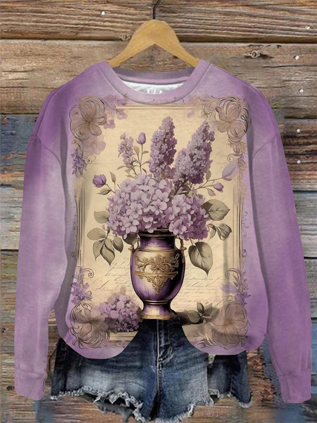 Women's Vintage Floral Print Round Neck Long Sleeve Top