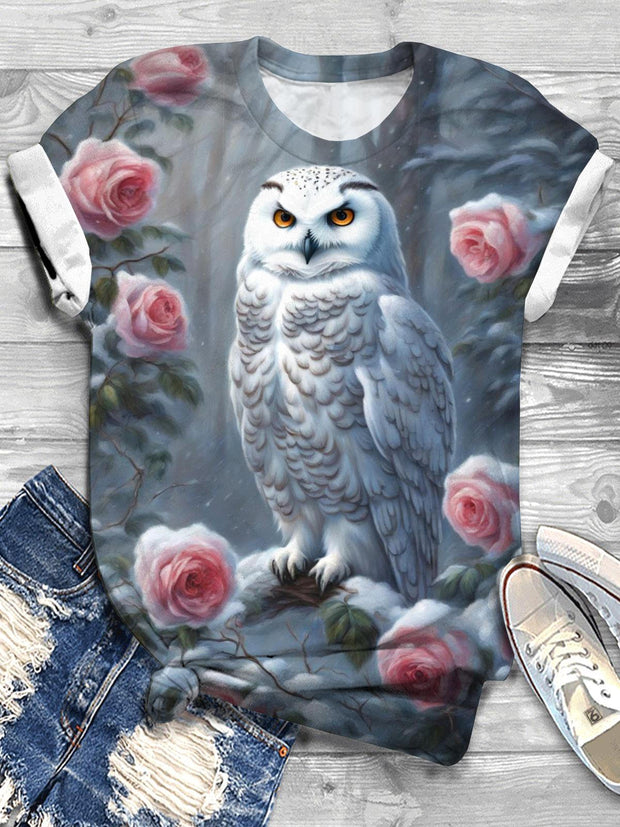 Winter Snow Owl Print Crew Neck T-shirt