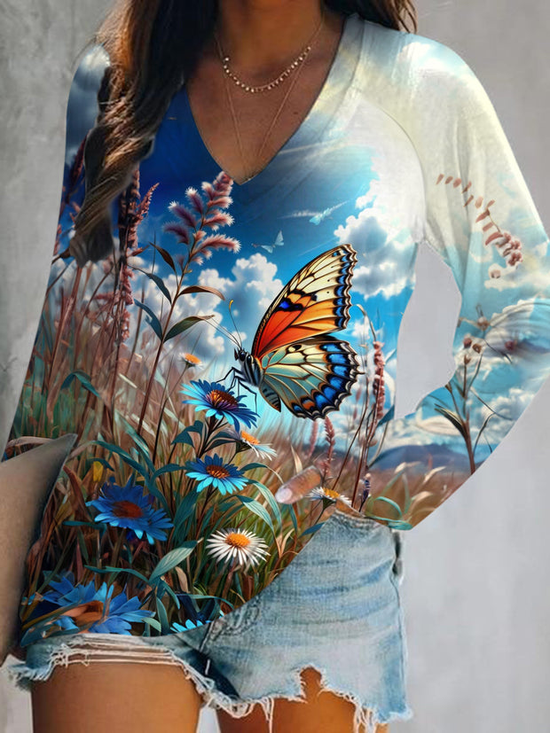 Butterfly Flower Print V-Neck Long Sleeve Top